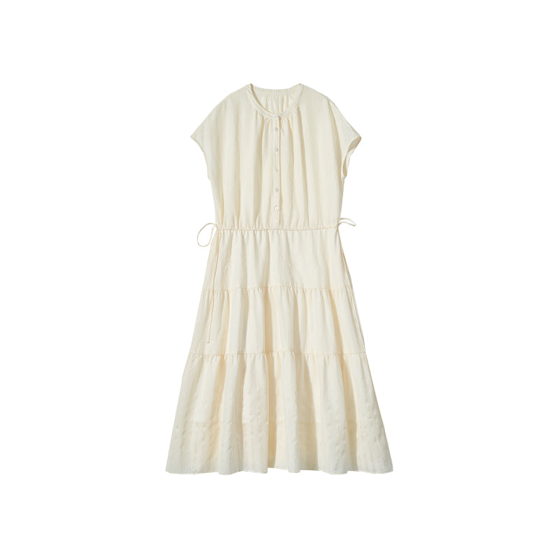 "White Chocolate Delights" High-Quality Tencel Waist-Tightening Striped Tiered Dress