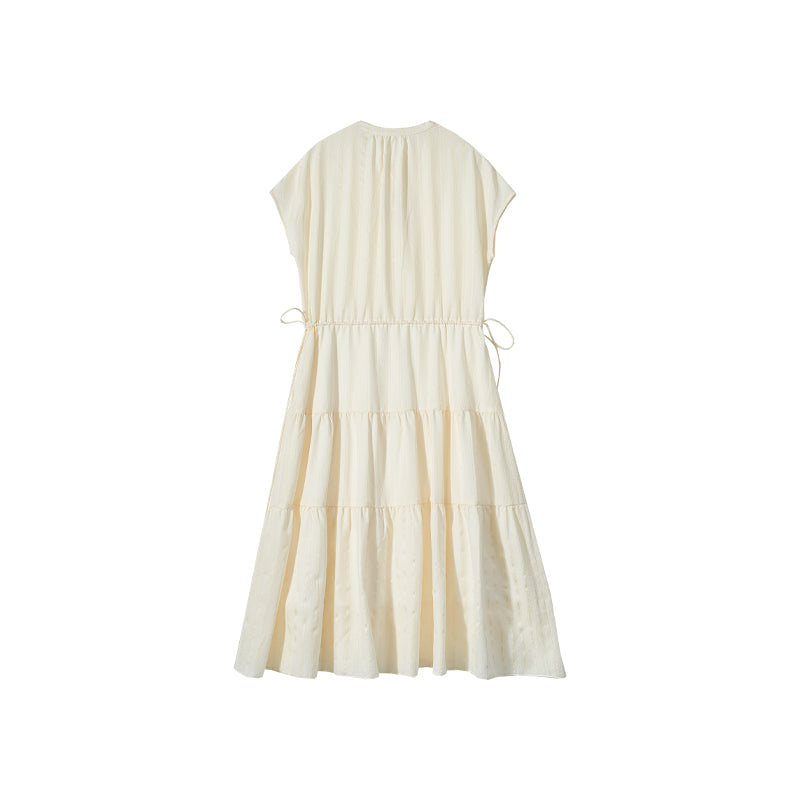 "White Chocolate Delights" High-Quality Tencel Waist-Tightening Striped Tiered Dress
