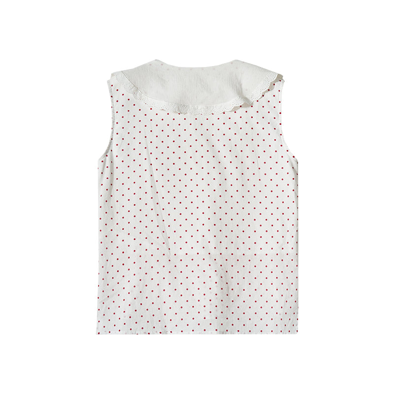 "Cecilia" Romantic French-Style Sleeveless Polka Dot Blouse with Contrasting Floral Trim and Skirt