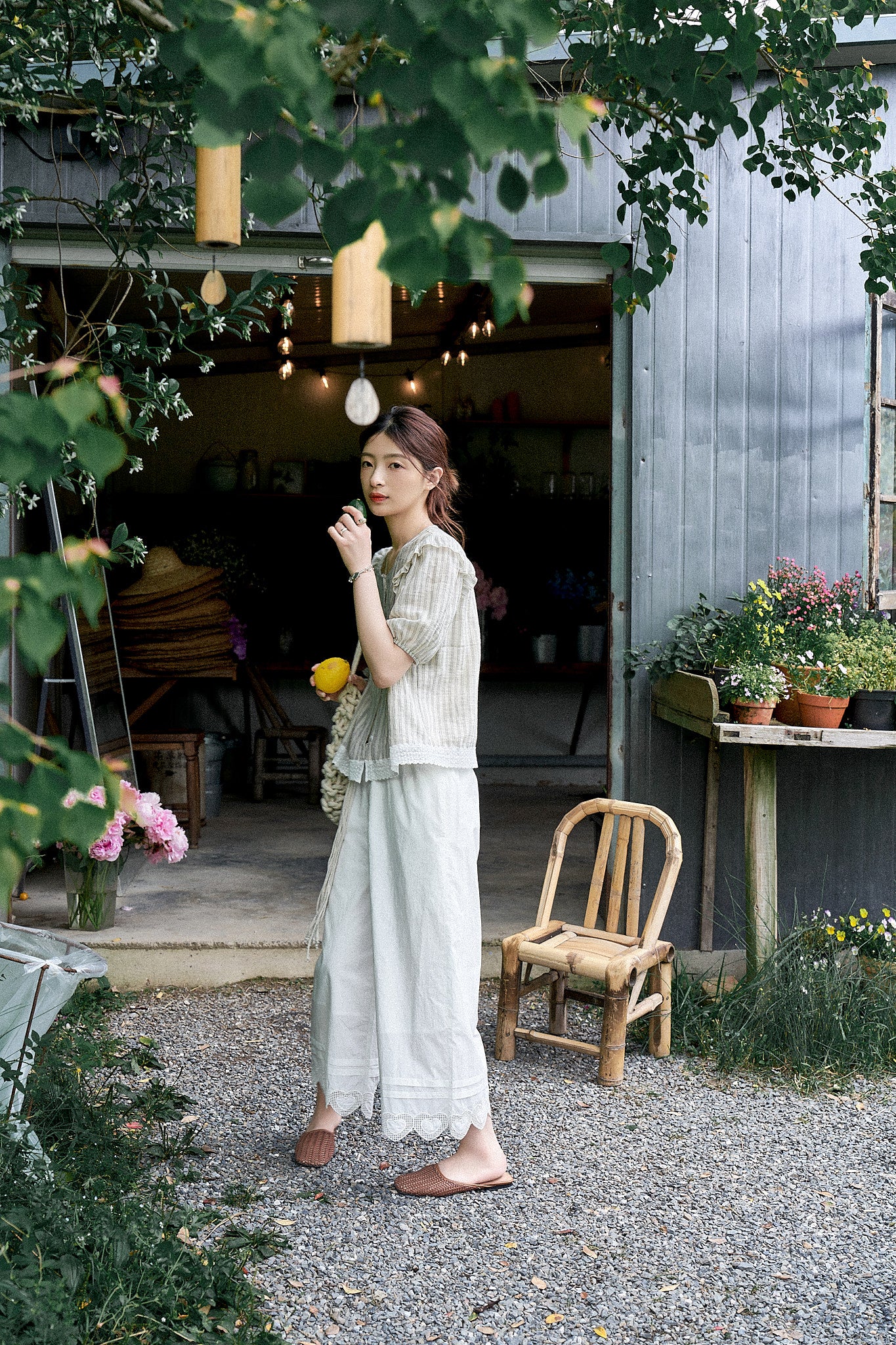 "Sweet Peach Pie" 120-Count High-Density Air-Washed Wide-Leg Pants with Heart Embroidery