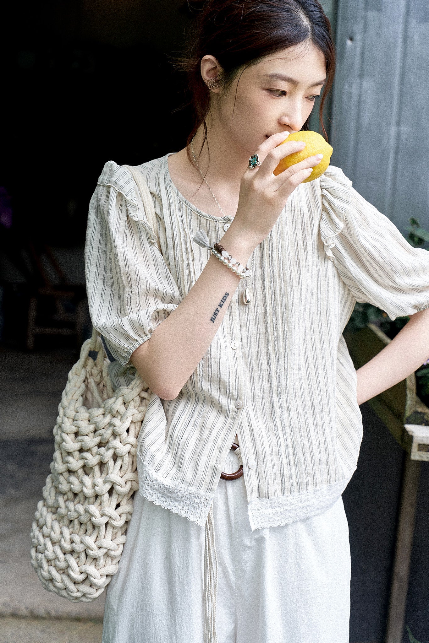 "Sweet Peach Pie" 120-Count High-Density Air-Washed Wide-Leg Pants with Heart Embroidery