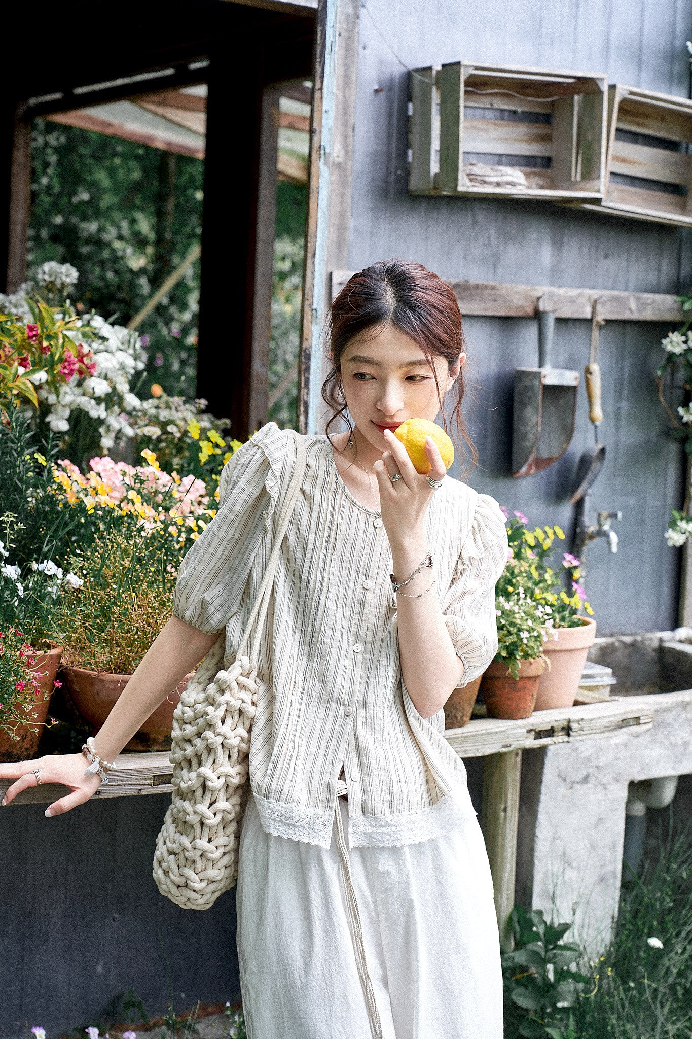 "Sweet Peach Pie" 120-Count High-Density Air-Washed Wide-Leg Pants with Heart Embroidery
