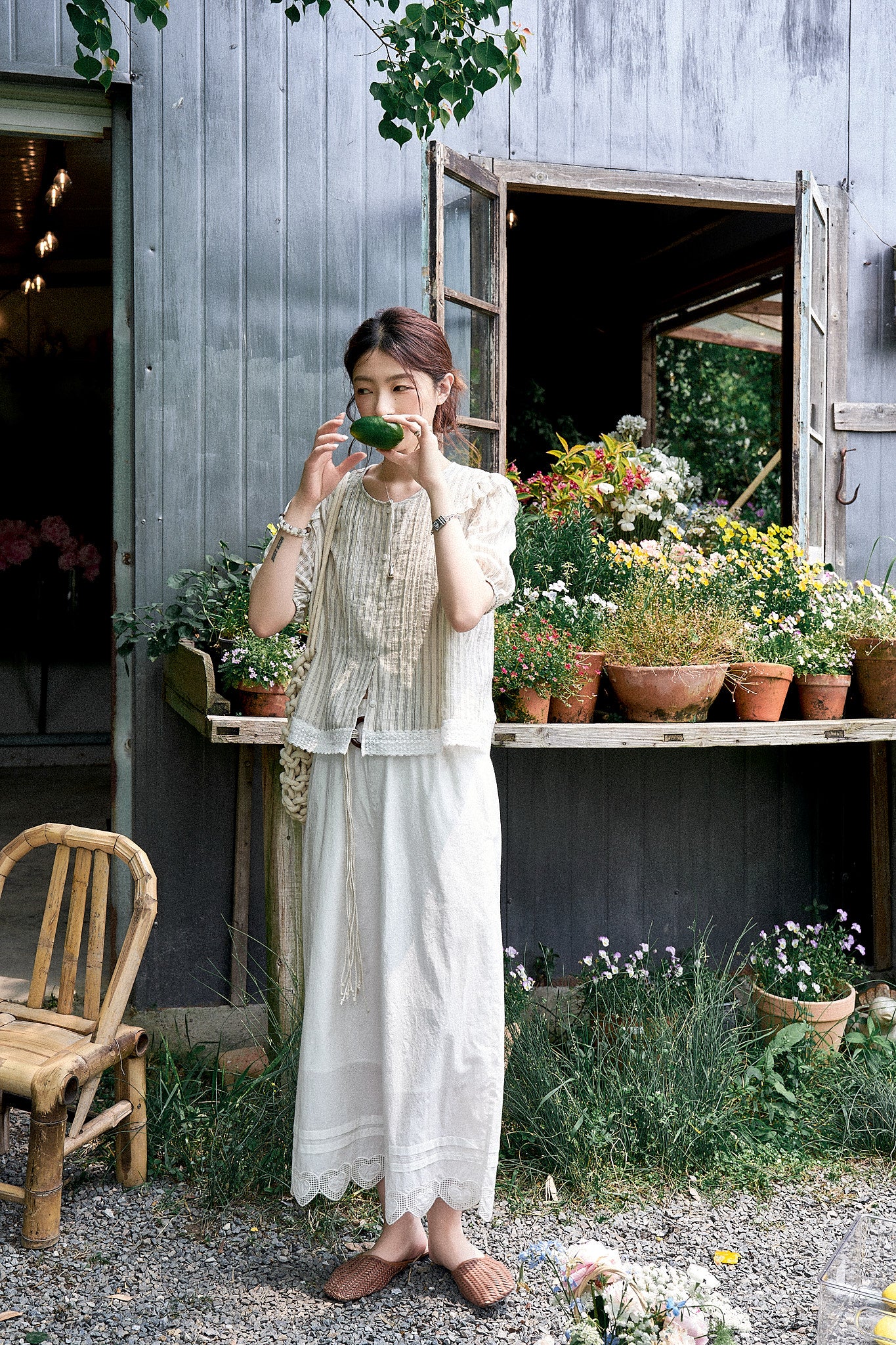 "Sweet Peach Pie" 120-Count High-Density Air-Washed Wide-Leg Pants with Heart Embroidery