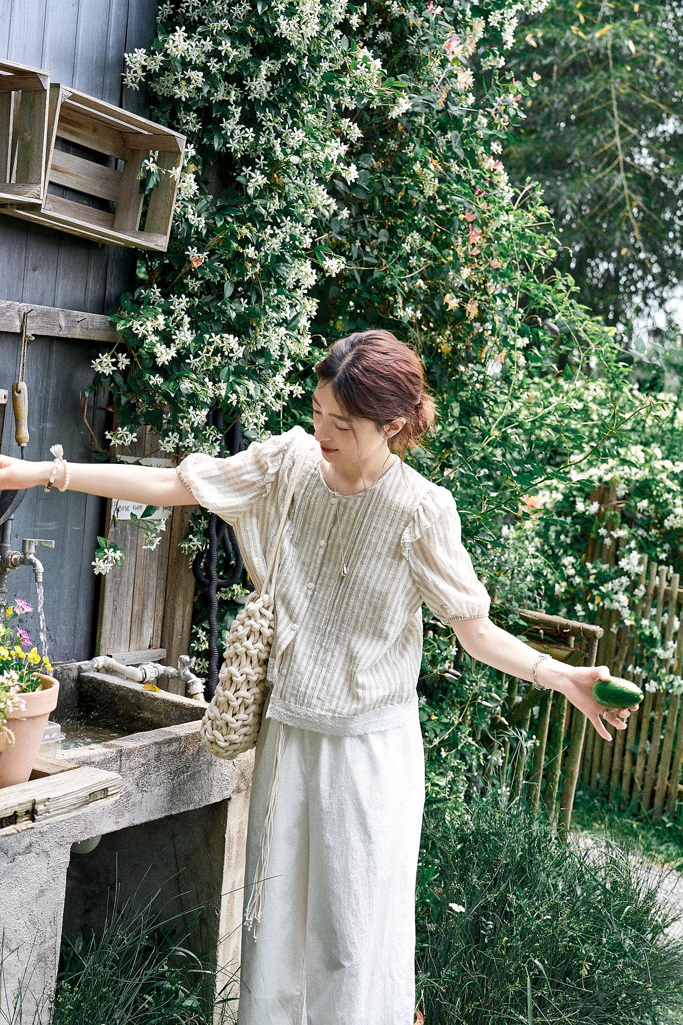 "Sweet Peach Pie" 120-Count High-Density Air-Washed Wide-Leg Pants with Heart Embroidery