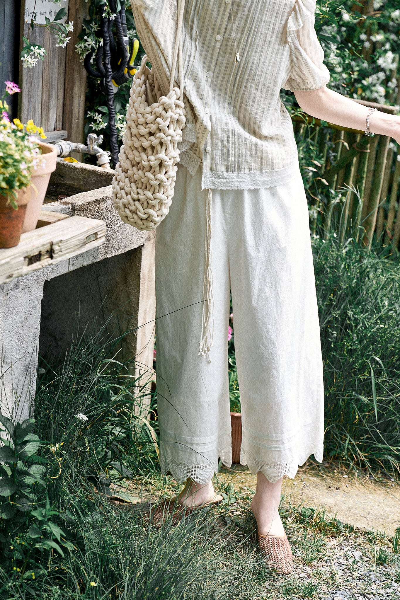 "Sweet Peach Pie" 120-Count High-Density Air-Washed Wide-Leg Pants with Heart Embroidery