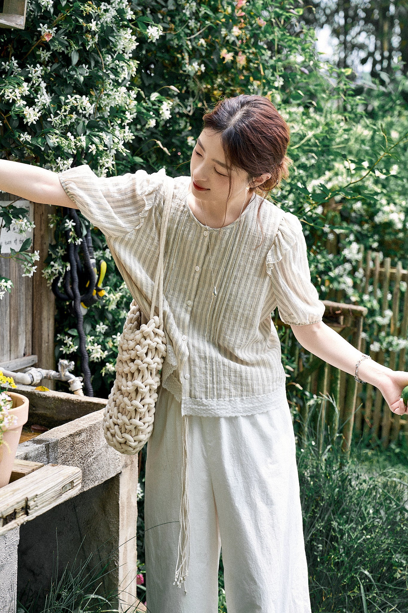 "Sweet Peach Pie" 120-Count High-Density Air-Washed Wide-Leg Pants with Heart Embroidery