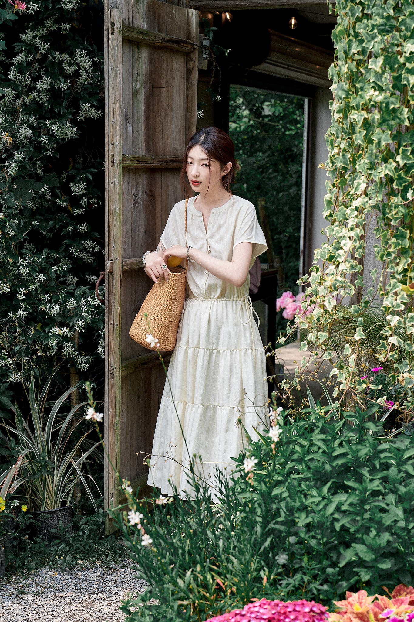 "White Chocolate Delights" High-Quality Tencel Waist-Tightening Striped Tiered Dress