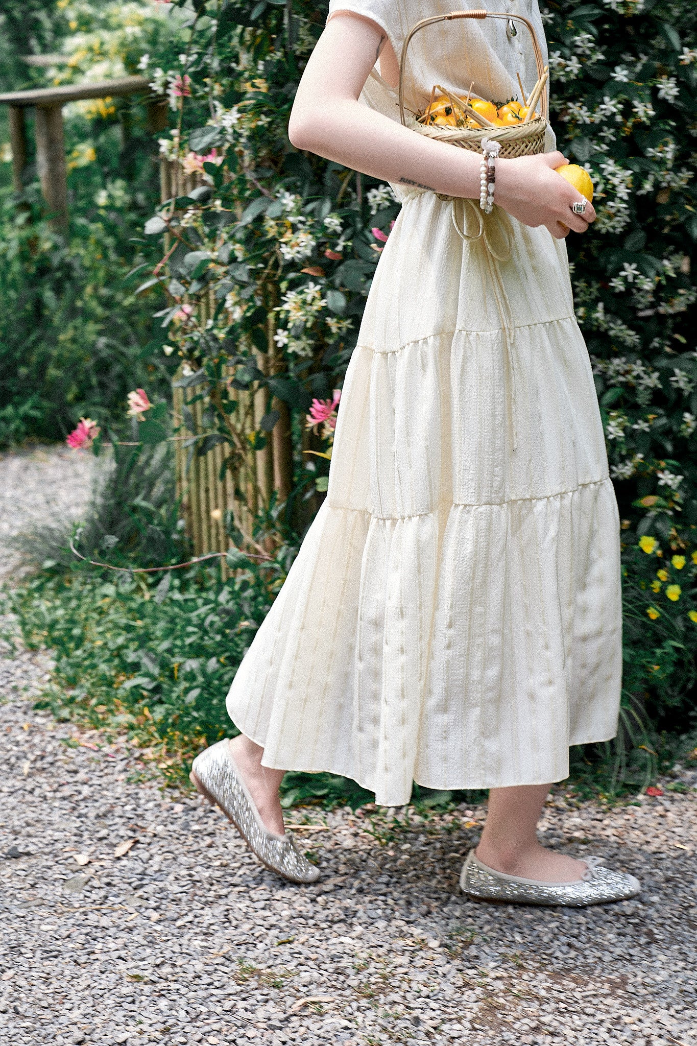 "White Chocolate Delights" High-Quality Tencel Waist-Tightening Striped Tiered Dress