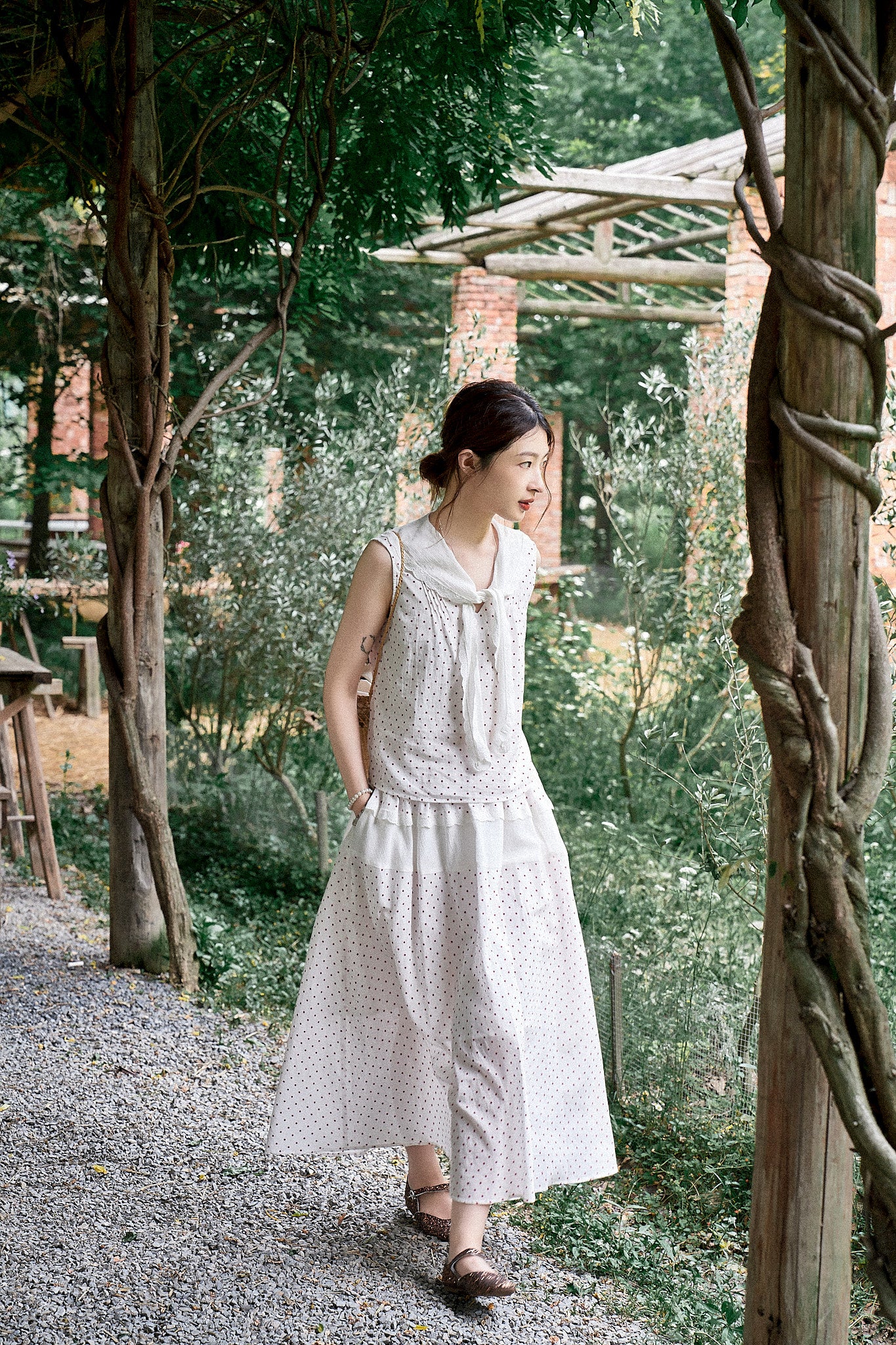 "Cecilia" Romantic French-Style Sleeveless Polka Dot Blouse with Contrasting Floral Trim and Skirt