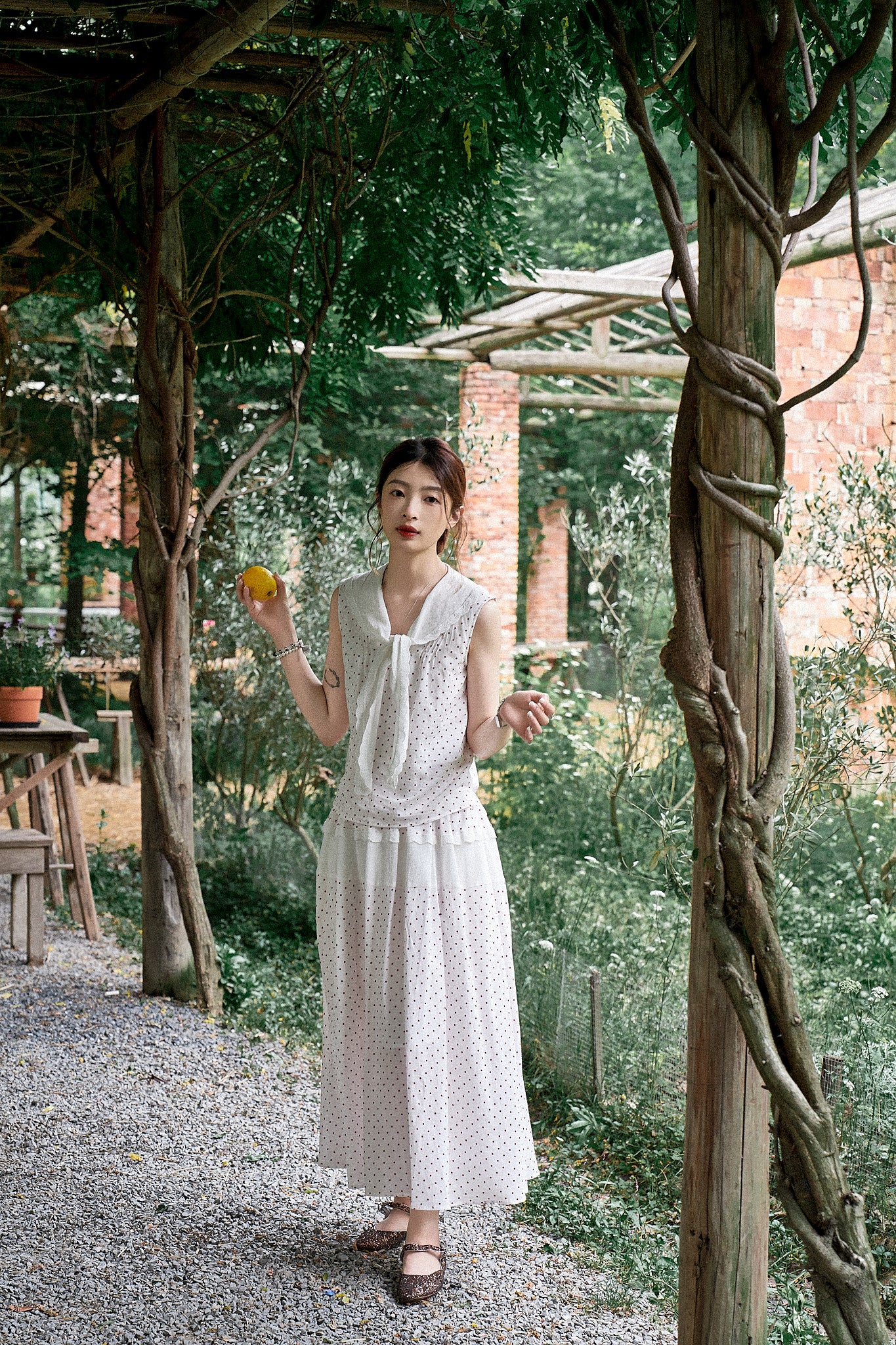 "Cecilia" Romantic French-Style Sleeveless Polka Dot Blouse with Contrasting Floral Trim and Skirt