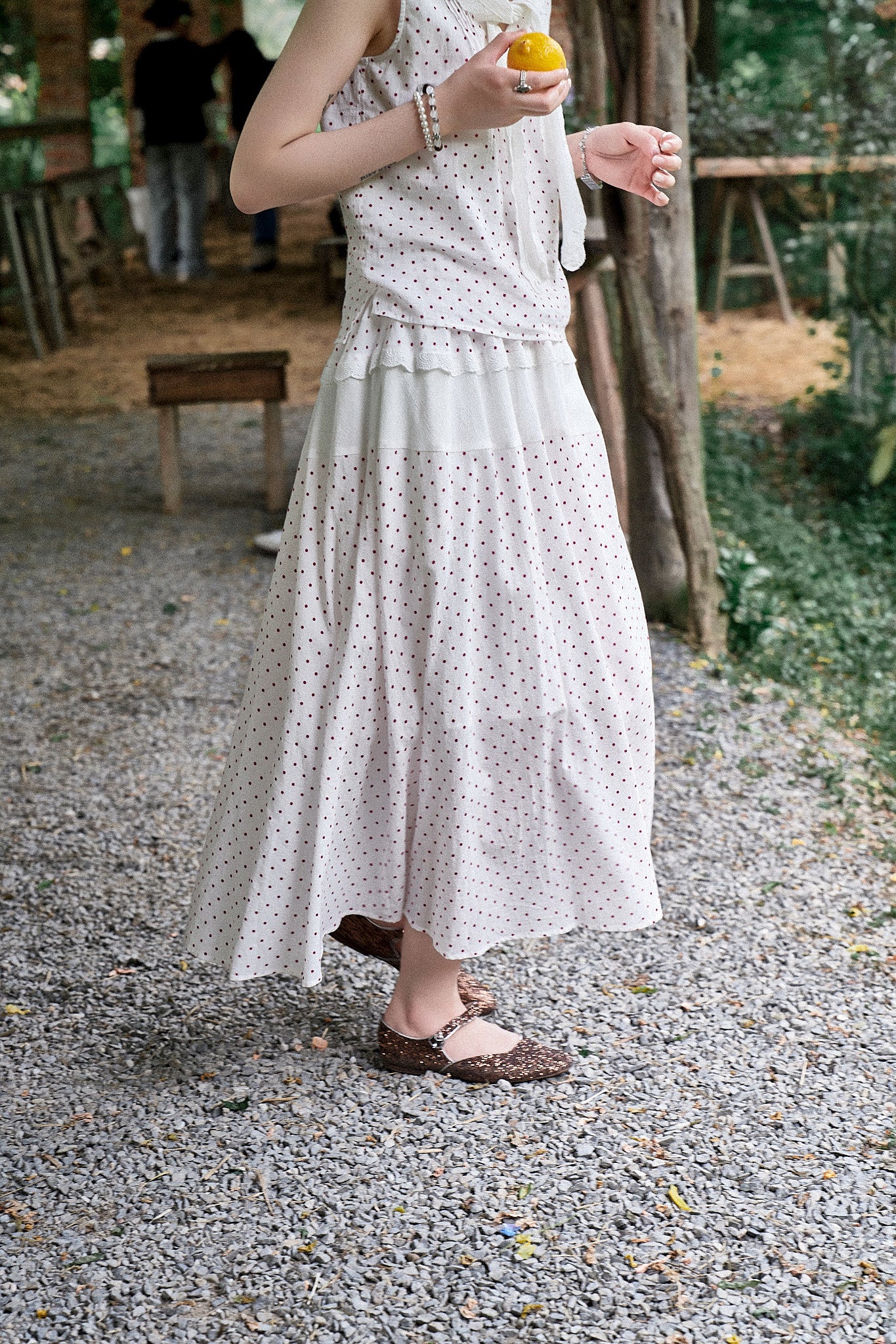 "Cecilia" Romantic French-Style Sleeveless Polka Dot Blouse with Contrasting Floral Trim and Skirt