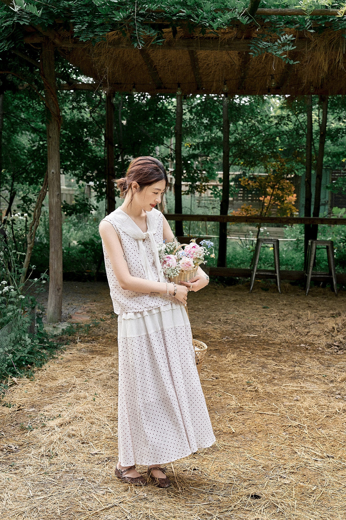 "Cecilia" Romantic French-Style Sleeveless Polka Dot Blouse with Contrasting Floral Trim and Skirt
