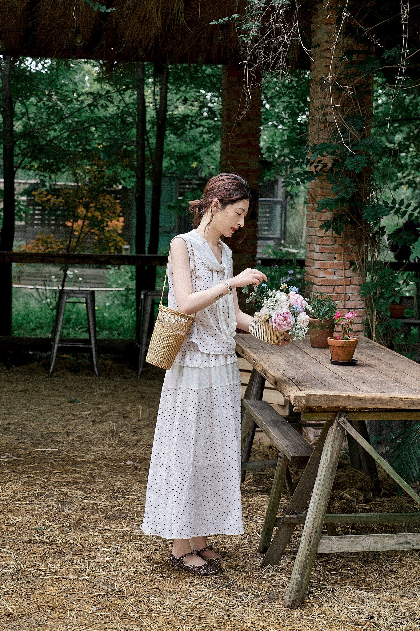 "Cecilia" Romantic French-Style Sleeveless Polka Dot Blouse with Contrasting Floral Trim and Skirt