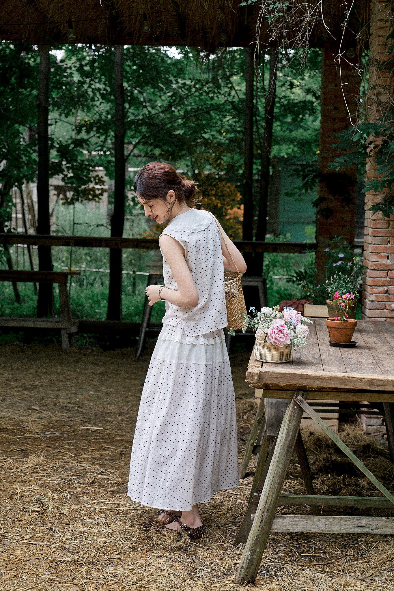 "Cecilia" Romantic French-Style Sleeveless Polka Dot Blouse with Contrasting Floral Trim and Skirt