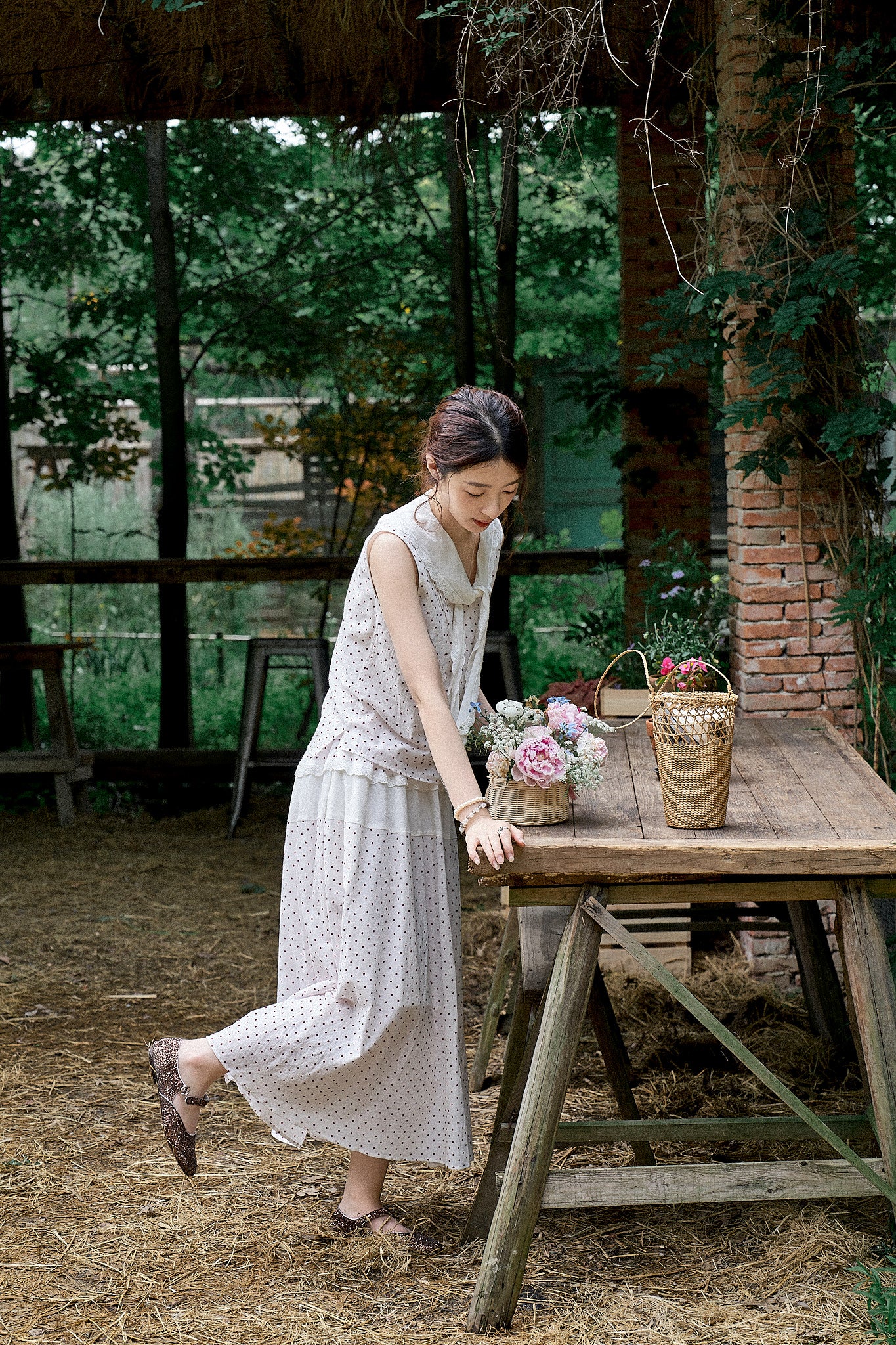 "Cecilia" Romantic French-Style Sleeveless Polka Dot Blouse with Contrasting Floral Trim and Skirt
