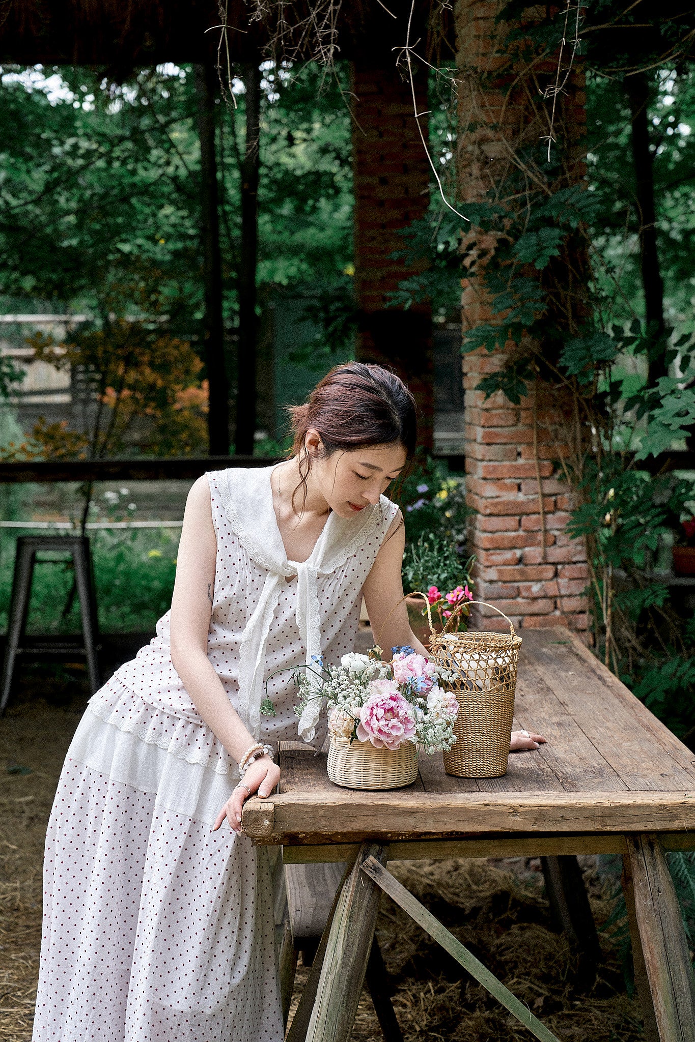 "Cecilia" Romantic French-Style Sleeveless Polka Dot Blouse with Contrasting Floral Trim and Skirt