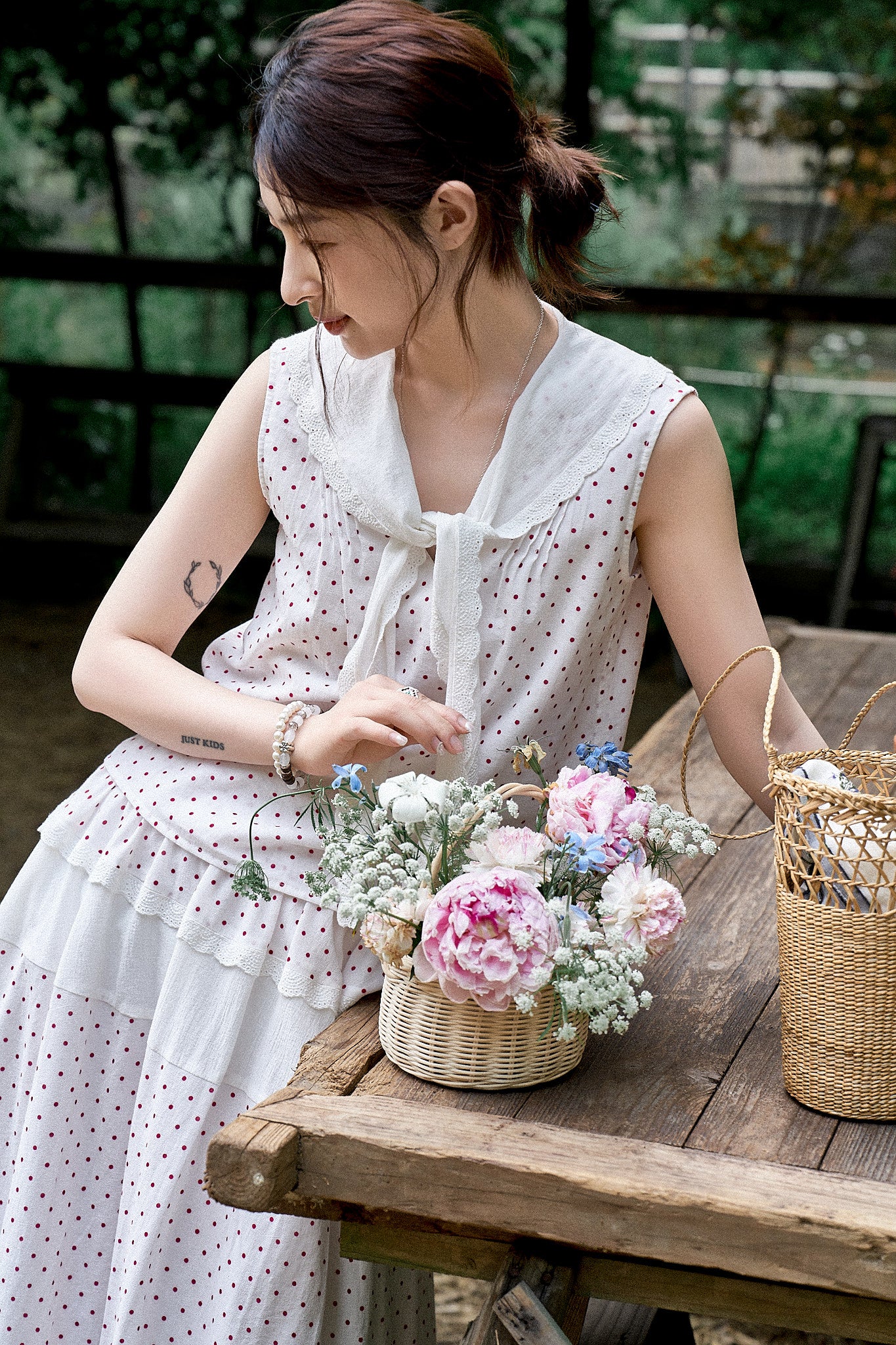 "Cecilia" Romantic French-Style Sleeveless Polka Dot Blouse with Contrasting Floral Trim and Skirt