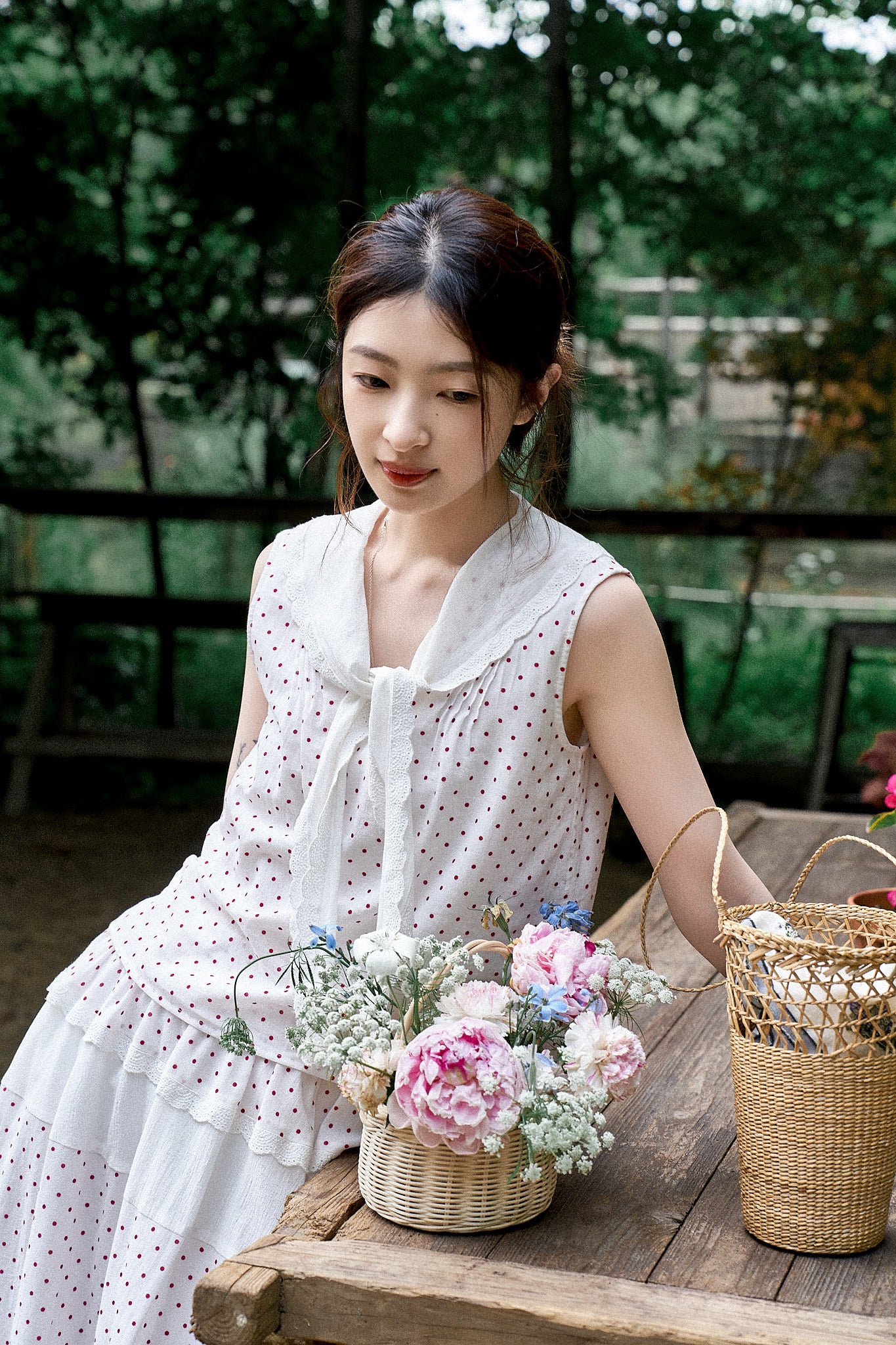 "Cecilia" Romantic French-Style Sleeveless Polka Dot Blouse with Contrasting Floral Trim and Skirt