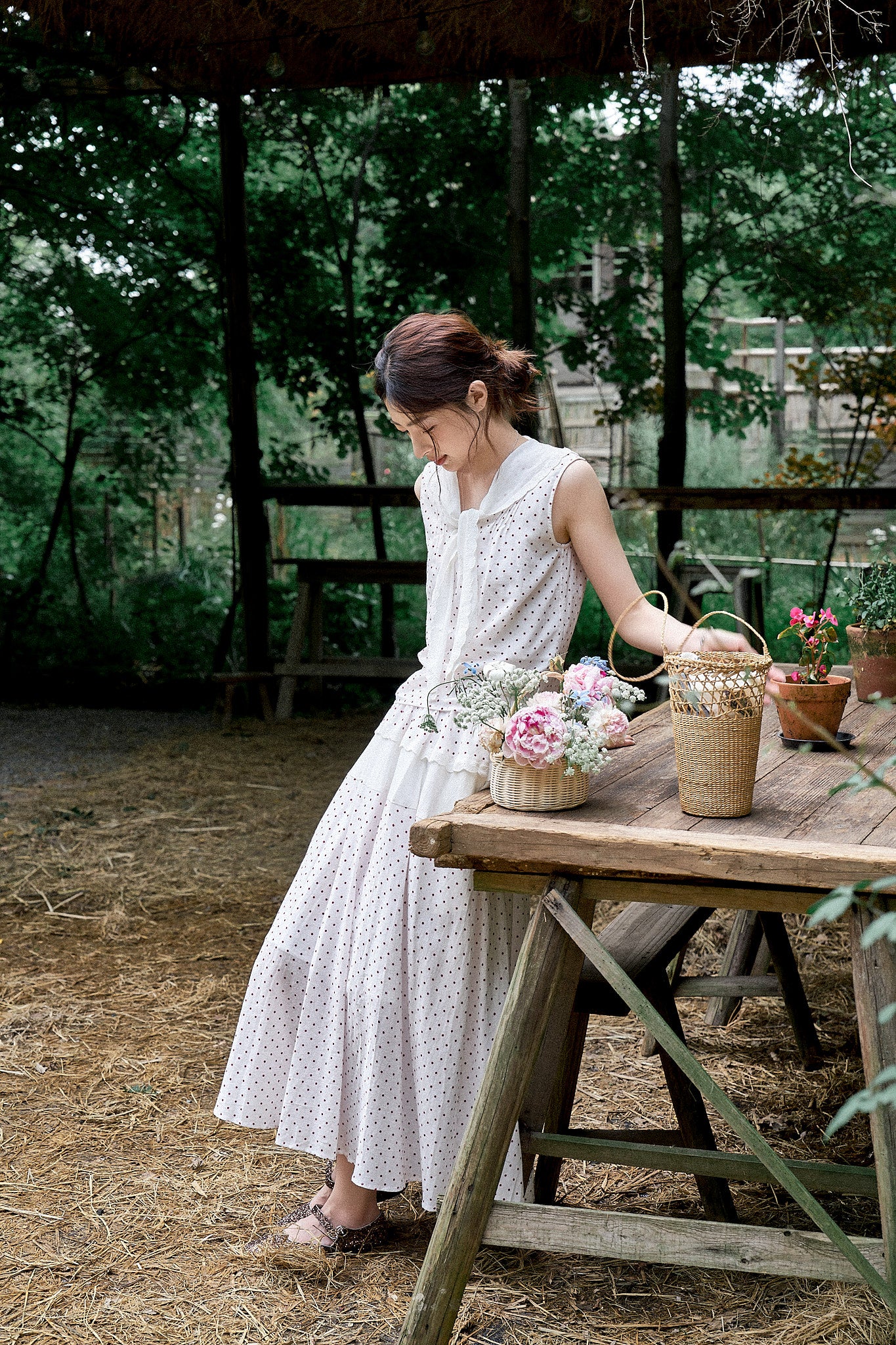"Cecilia" Romantic French-Style Sleeveless Polka Dot Blouse with Contrasting Floral Trim and Skirt