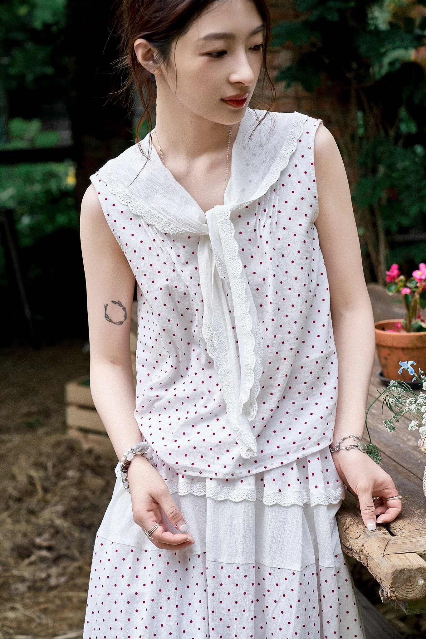 "Cecilia" Romantic French-Style Sleeveless Polka Dot Blouse with Contrasting Floral Trim and Skirt
