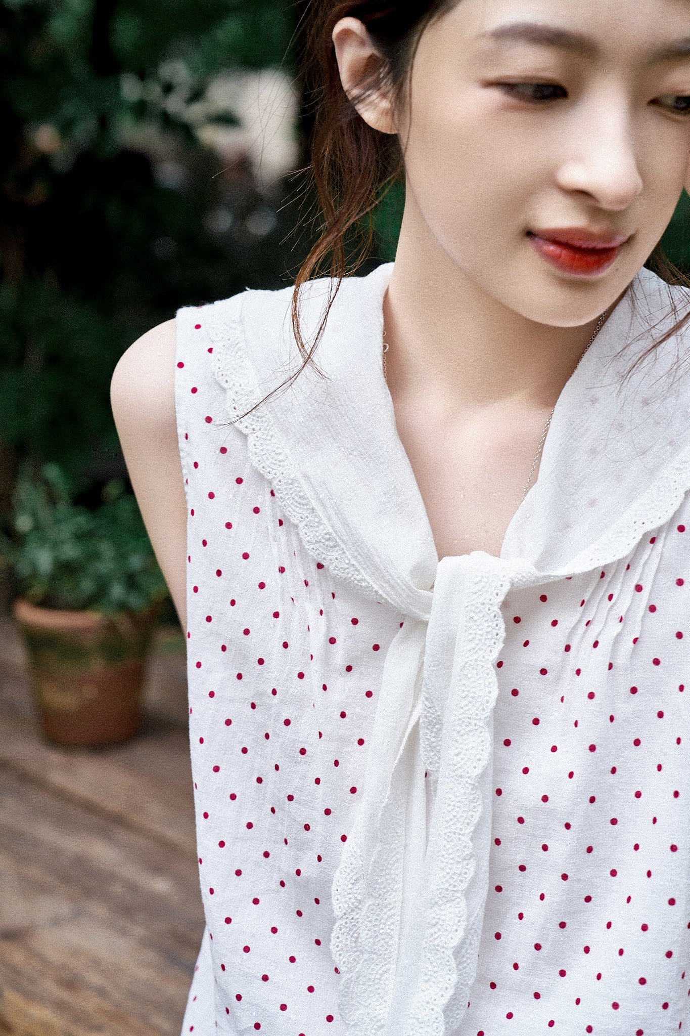 "Cecilia" Romantic French-Style Sleeveless Polka Dot Blouse with Contrasting Floral Trim and Skirt
