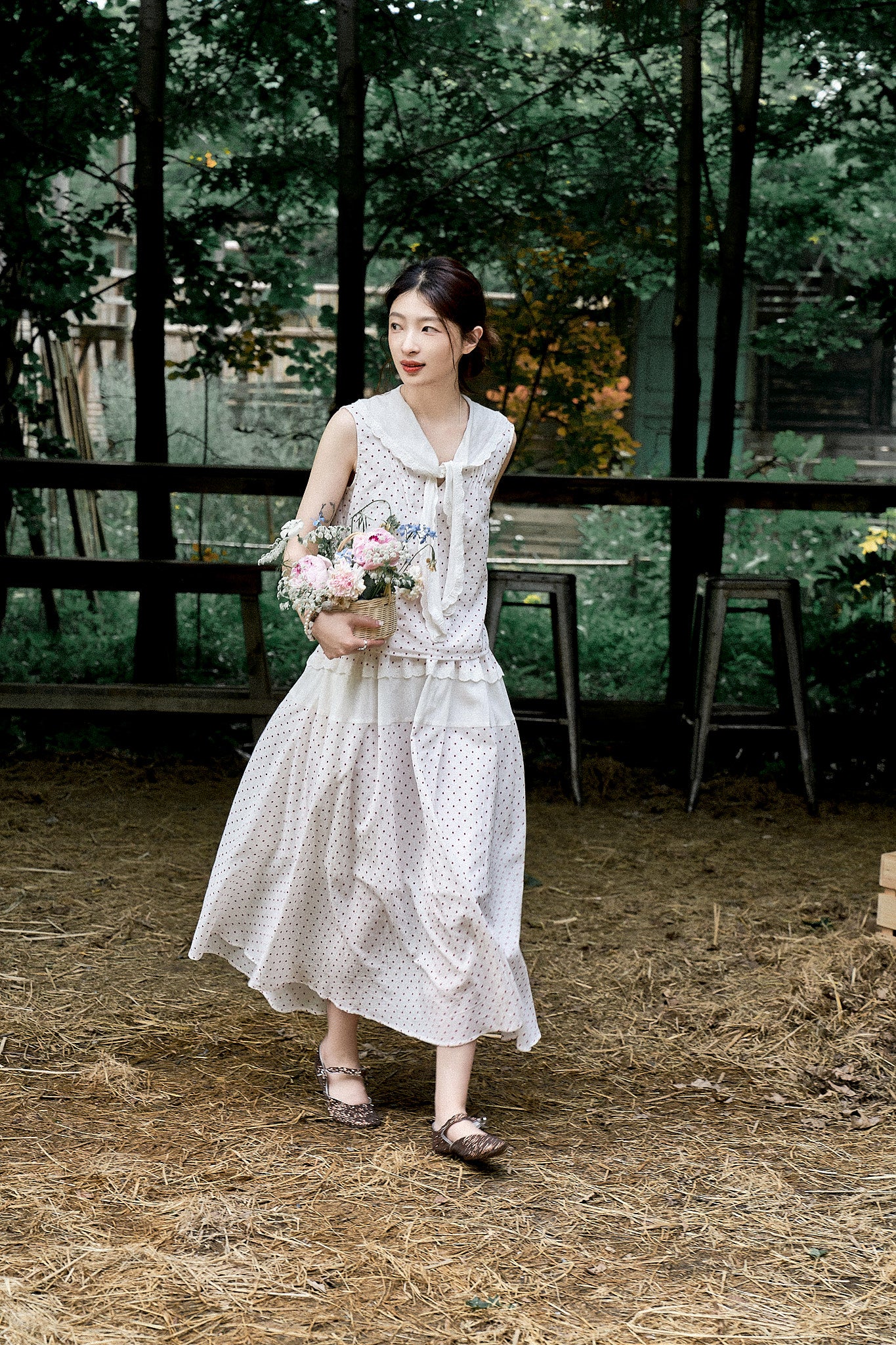 "Cecilia" Romantic French-Style Sleeveless Polka Dot Blouse with Contrasting Floral Trim and Skirt