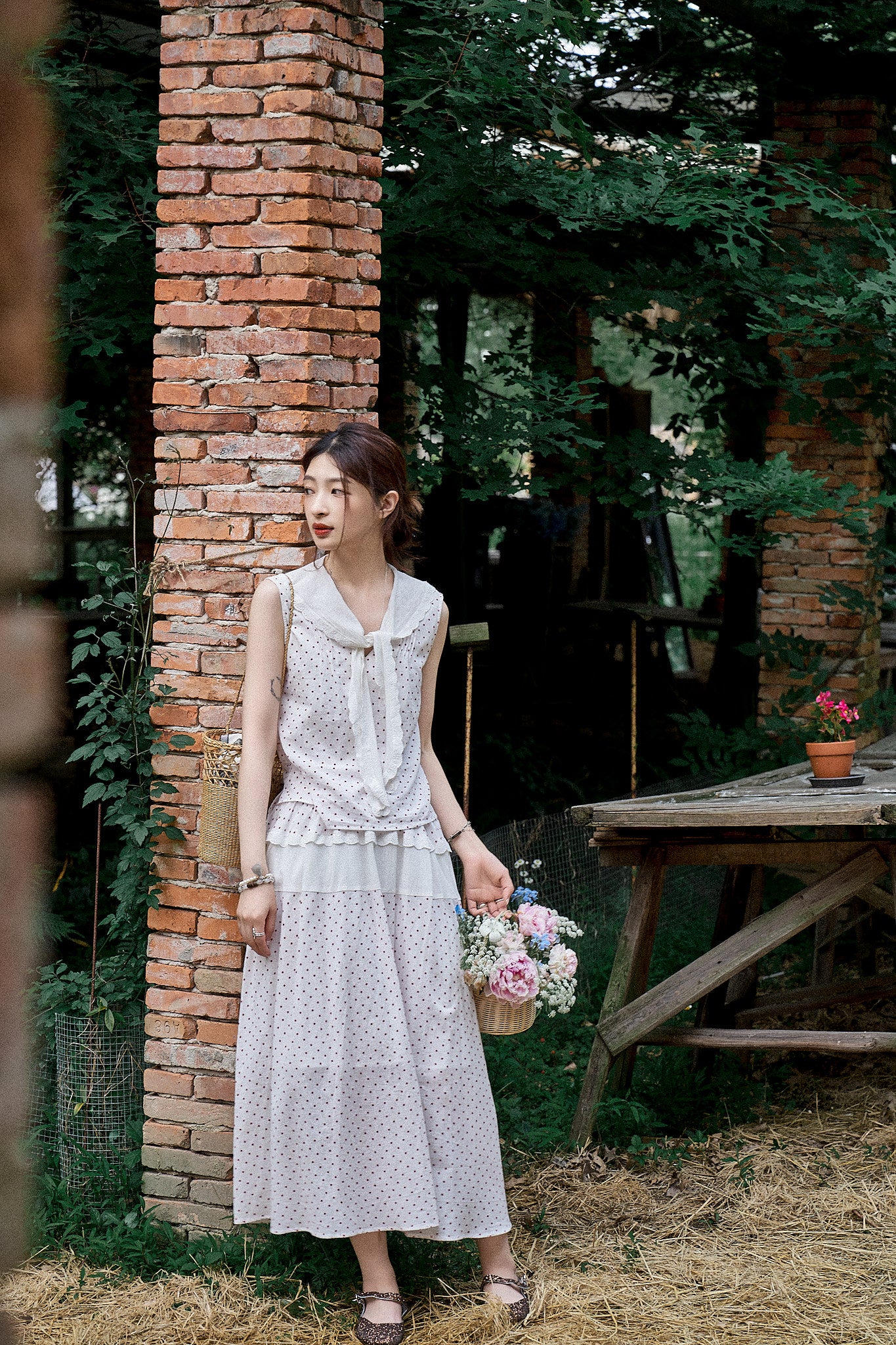 "Cecilia" Romantic French-Style Sleeveless Polka Dot Blouse with Contrasting Floral Trim and Skirt