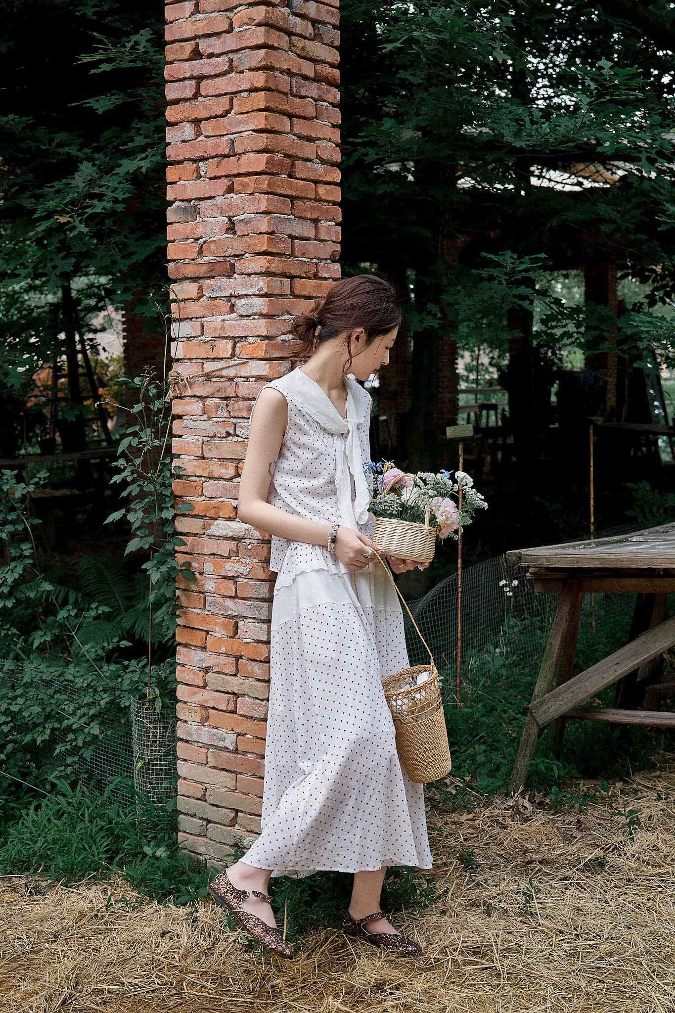 "Cecilia" Romantic French-Style Sleeveless Polka Dot Blouse with Contrasting Floral Trim and Skirt