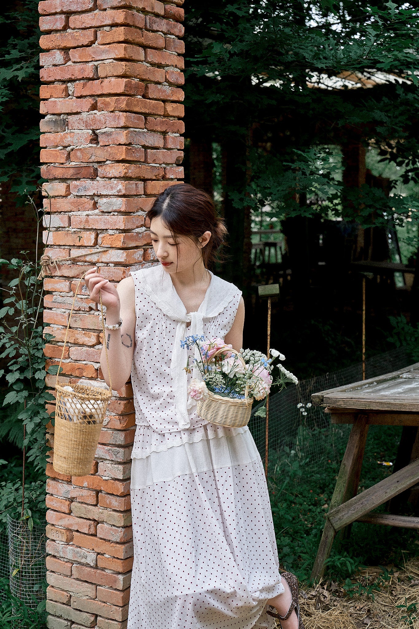 "Cecilia" Romantic French-Style Sleeveless Polka Dot Blouse with Contrasting Floral Trim and Skirt