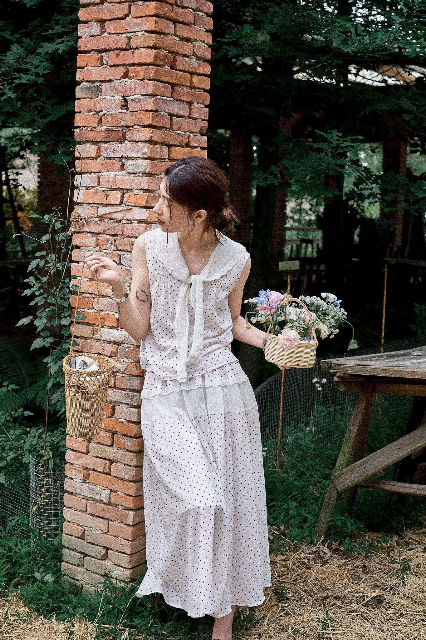 "Cecilia" Romantic French-Style Sleeveless Polka Dot Blouse with Contrasting Floral Trim and Skirt