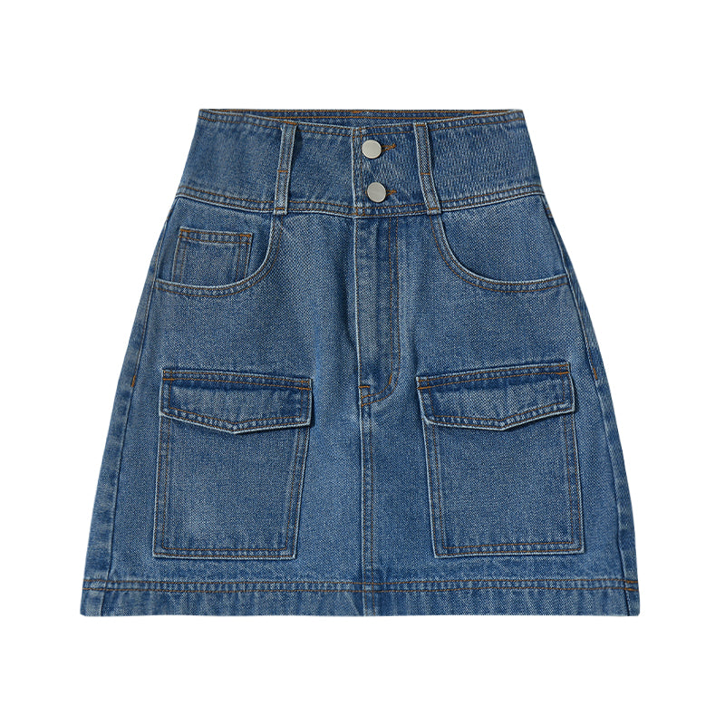 "Blue Islet Denim" High-Waisted A-Line Denim Skirt with Stylish Workwear Design