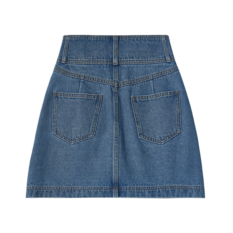 "Blue Islet Denim" High-Waisted A-Line Denim Skirt with Stylish Workwear Design