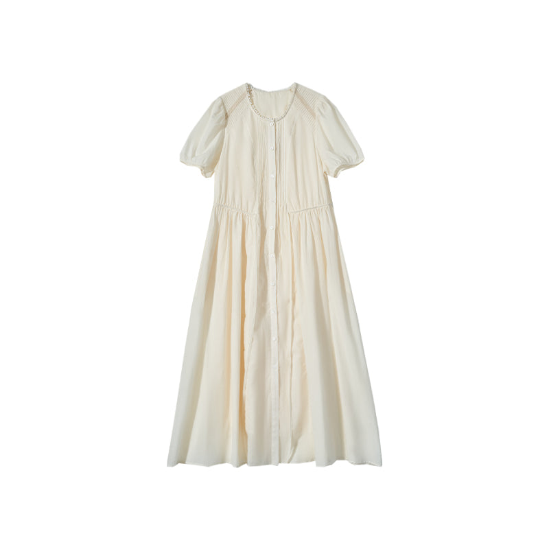 "De Luna White Tea" French-Style Embroidered Hollow-Out Waist-Tightening Dress with a Touch of Elegance