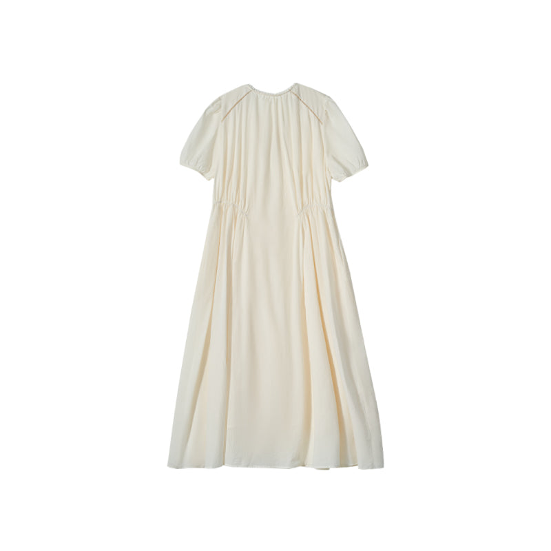 "De Luna White Tea" French-Style Embroidered Hollow-Out Waist-Tightening Dress with a Touch of Elegance