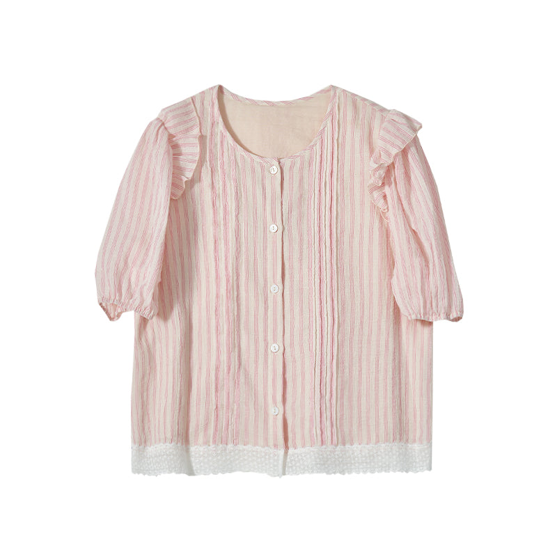 "Saint Bernard Sea" Custom Yarn-Dyed Striped Short-Sleeve Shirt with Airy Textured Puff Sleeves