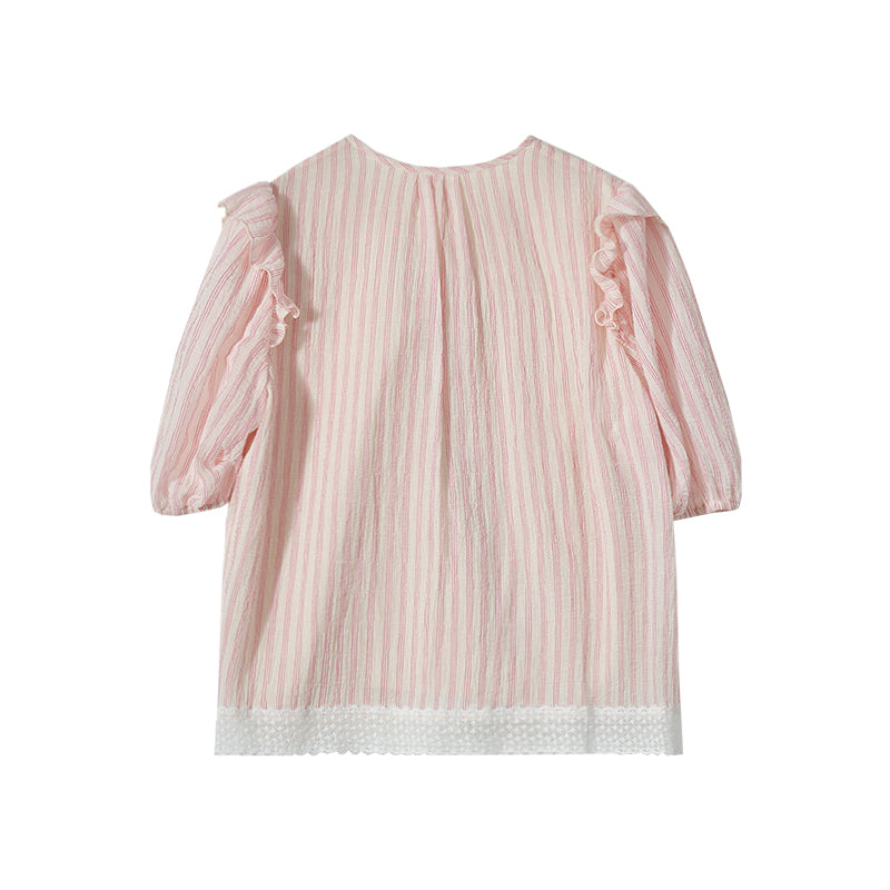 "Saint Bernard Sea" Custom Yarn-Dyed Striped Short-Sleeve Shirt with Airy Textured Puff Sleeves