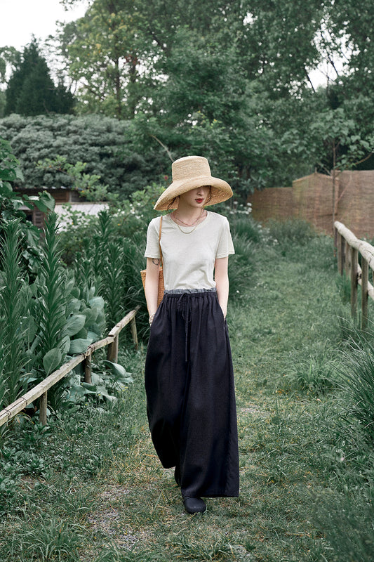 "Free Roaming" Tencel Linen Yamamoto-Style Black Wide-Leg Casual Straight Pants for Women