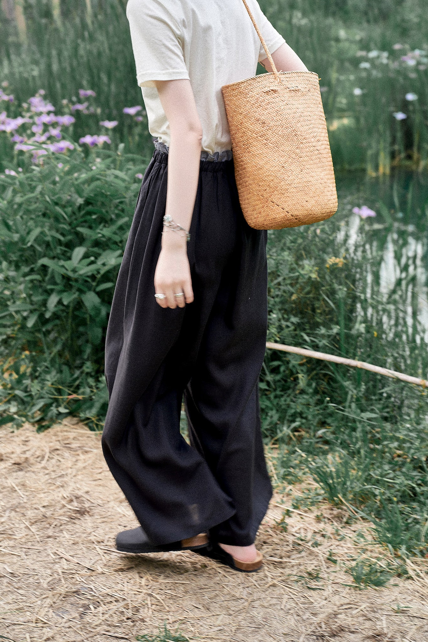 "Free Roaming" Tencel Linen Yamamoto-Style Black Wide-Leg Casual Straight Pants for Women