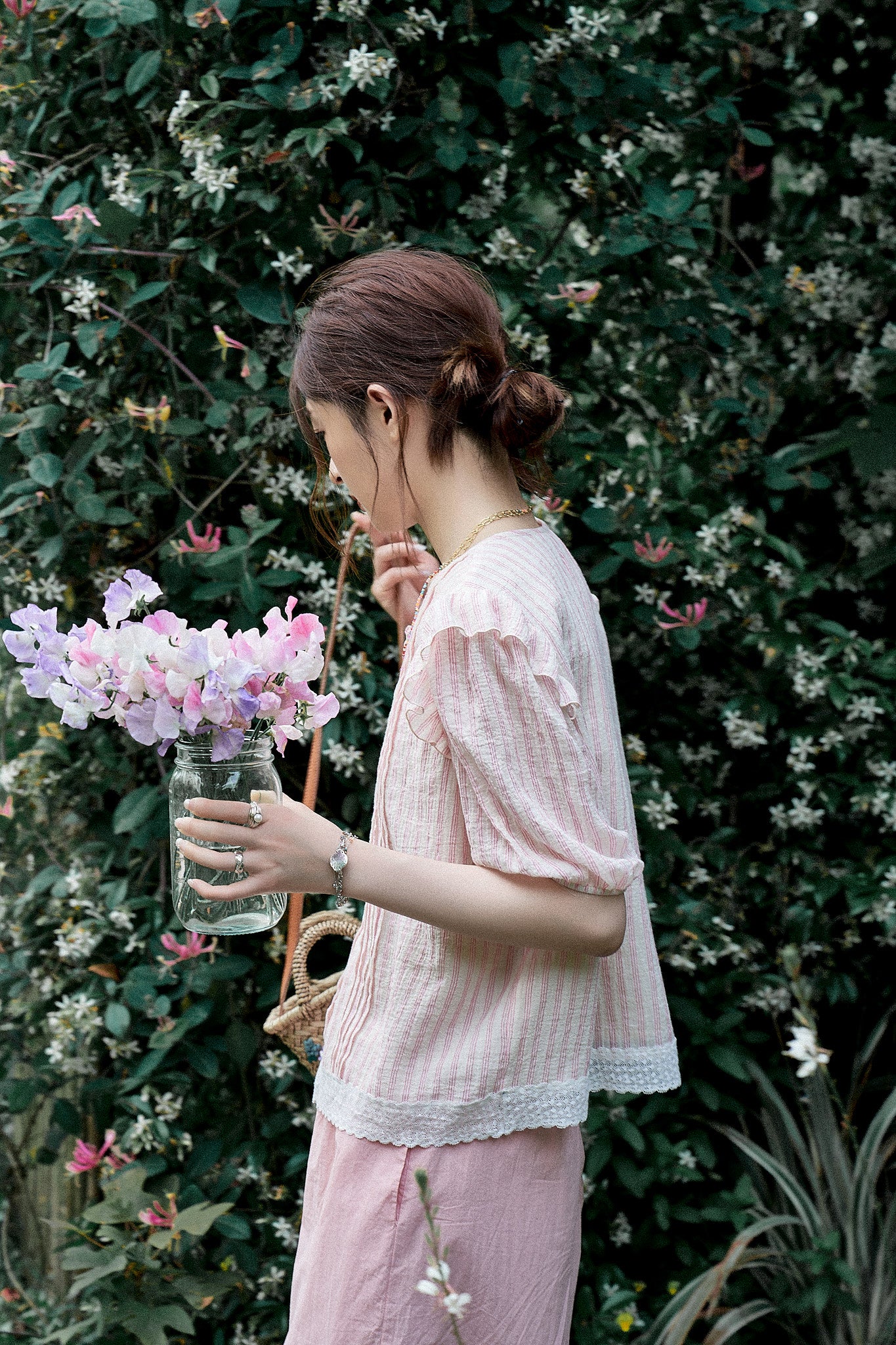 "Saint Bernard Sea" Custom Yarn-Dyed Striped Short-Sleeve Shirt with Airy Textured Puff Sleeves