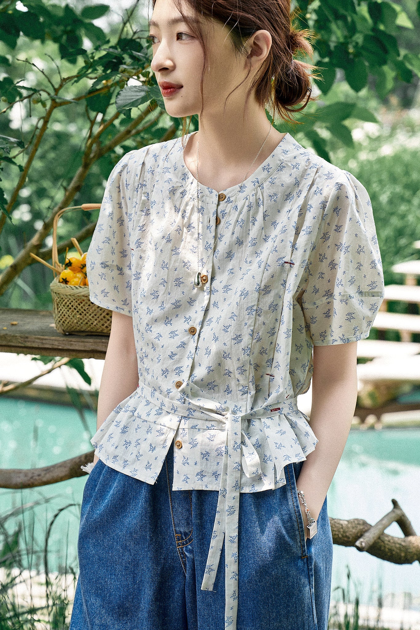 "Roses on the Lake" Exclusive 100-Count Long-Staple Cotton Designer Floral Blouse for Women